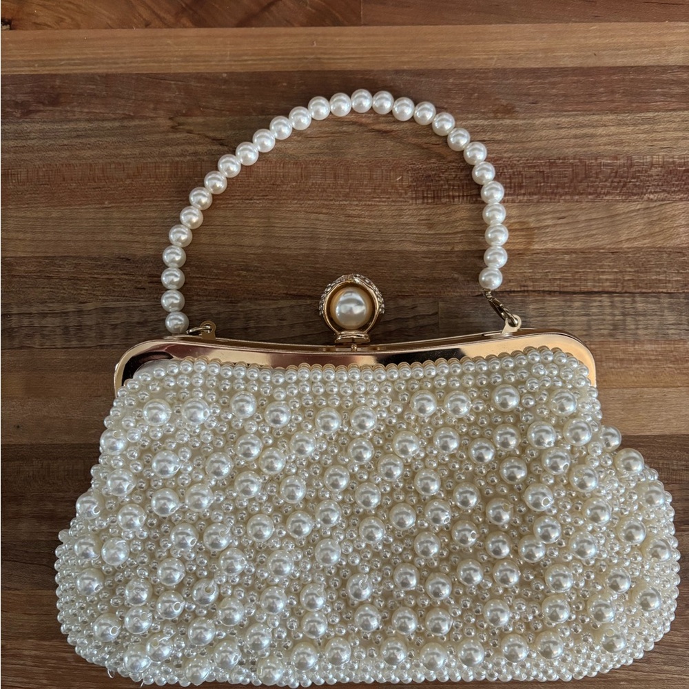 Cream Pearl Clutch with Gold Clasp